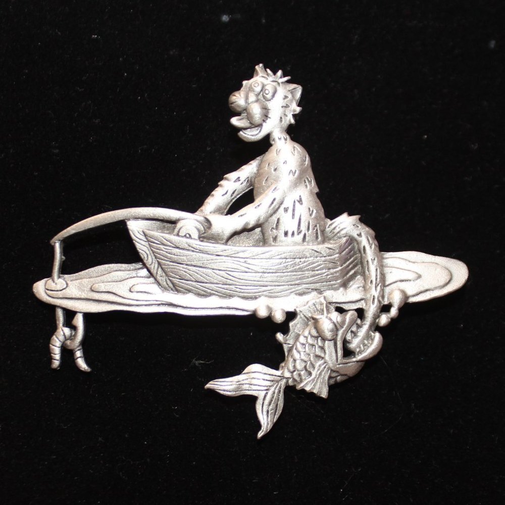 Vintage J.J. Silver Fishing Cat Brooch Who's Tale has been Caught!